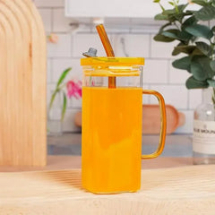 Square Glass Cups with Lids and Straws Cosmia.pk