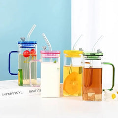 Square Glass Cups with Lids and Straws Cosmia.pk