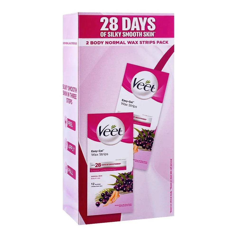 Veet Easy-Gelwax Shea Butter & Acai Berries Scent Normal Skin Body + Face Wax Strips Pack, Veet