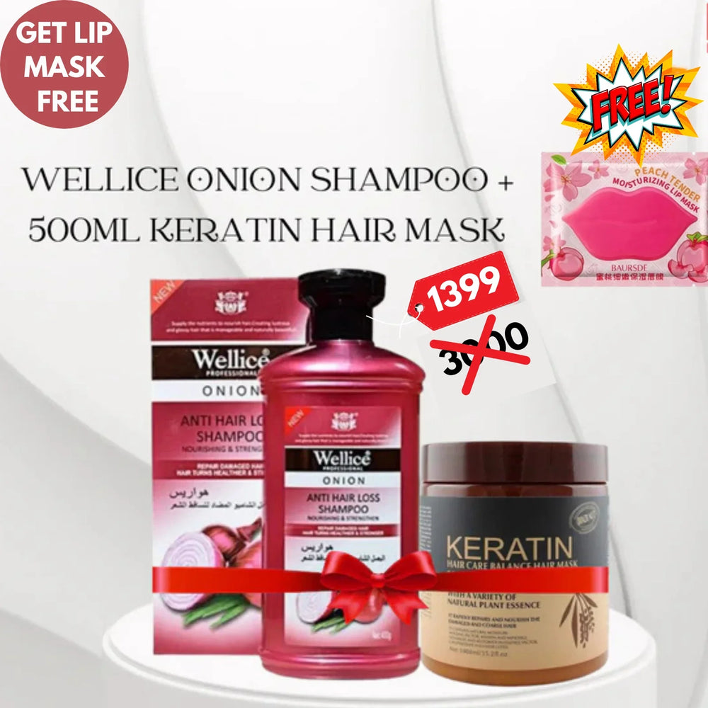 Wellice Onion Shampoo + 500 ML Keratin Hair Mask Brazil Nut + Lip Mask Free Cosmia