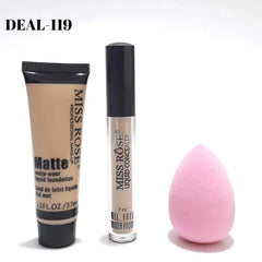 MISS ROSE Concealer , Matte Foundation And Blender - 3 Pcs Set Miss Rose