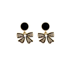 Rhinestone Bow Black Round Stud Cosmia