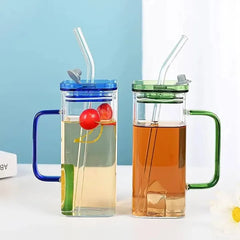 Square Glass Cups with Lids and Straws Cosmia.pk