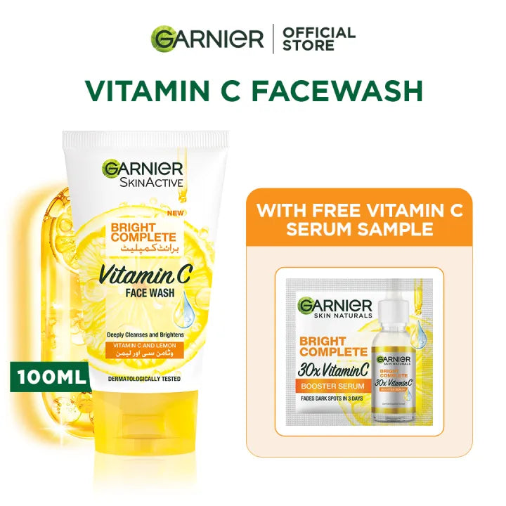 Garnier Bright Complete Vitamin C Facewash 100ml + Free Vitamin C Serum Sample Garnier