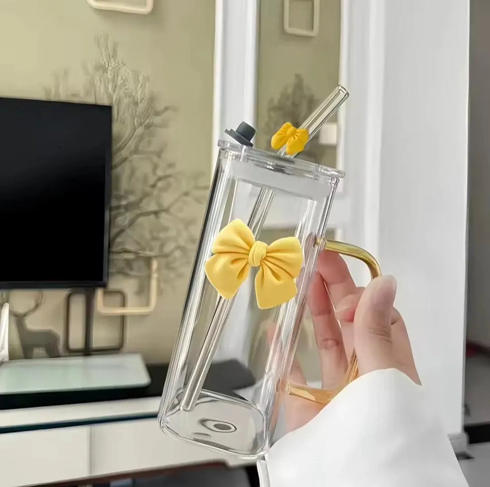 Square Glass Tumbler with Double Bows & Straw – Elegant Drinkware Cosmia.pk