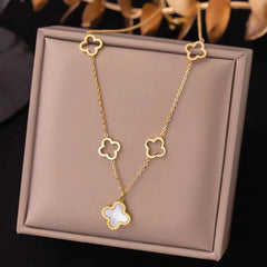 Gold-Plated Stainless Steel Four-Leaf Clover Necklace With Shell Pendant Cosmia
