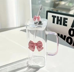 Square Glass Tumbler with Double Bows & Straw – Elegant Drinkware Cosmia.pk