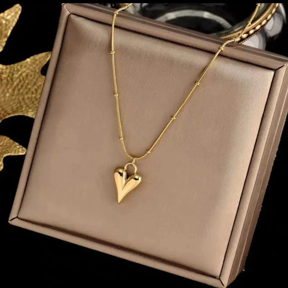 Elegant Gold Puffy Heart Pendant Necklace - Each Cosmia.pk