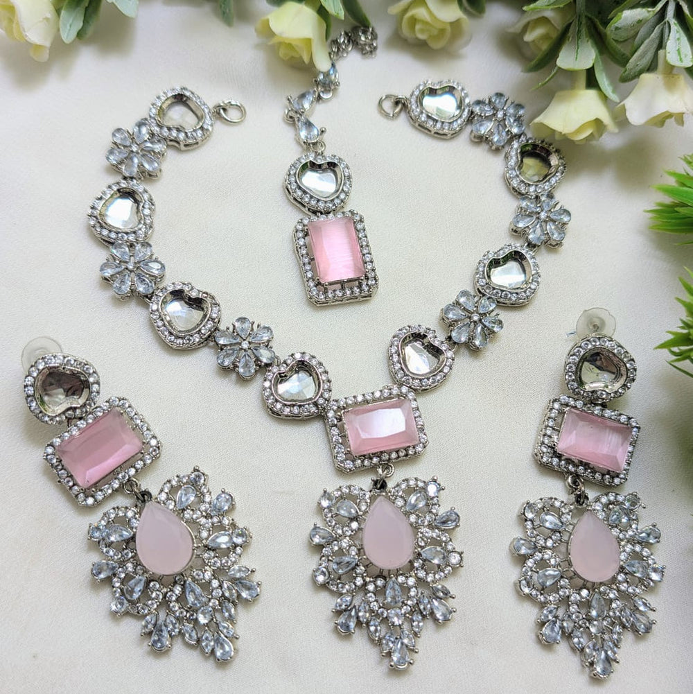 Zircon Necklace Set – Silver Mint Pink & Silver Steel Polish Cosmia