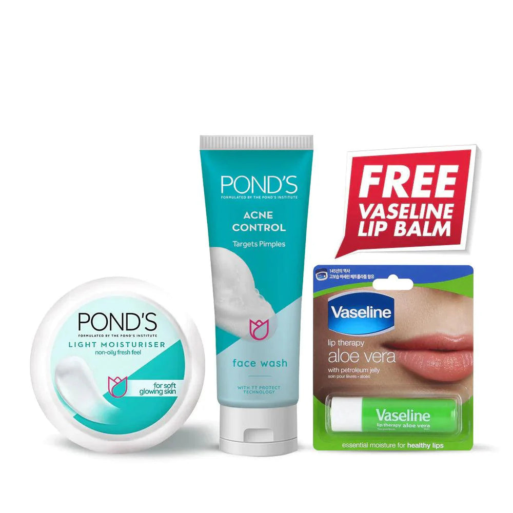 Bundle - Ponds Light Moisturizer + Ponds Acne Face Wash 100G with Free Vaseline Lip Balm Pond's
