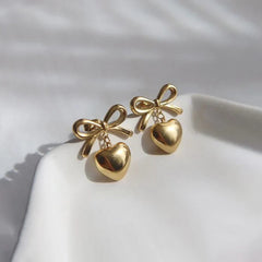Stainless Steel Bow and Heart Drop Earrings Cosmia.pk
