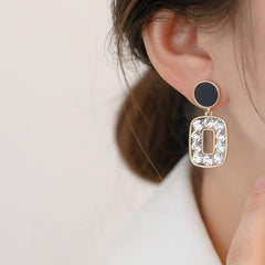 Korean Style 925 Crystal Drop Earrings - Elegant Black & Gold Cosmia.pk