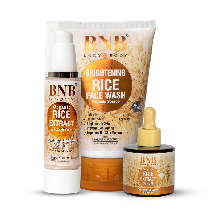BNB Rice Glow Day Care Essentials (Rice Extract Facewash - 120ml + Rice Extract Cream - 50ml + Rice Extract Serum 30ml) BnB