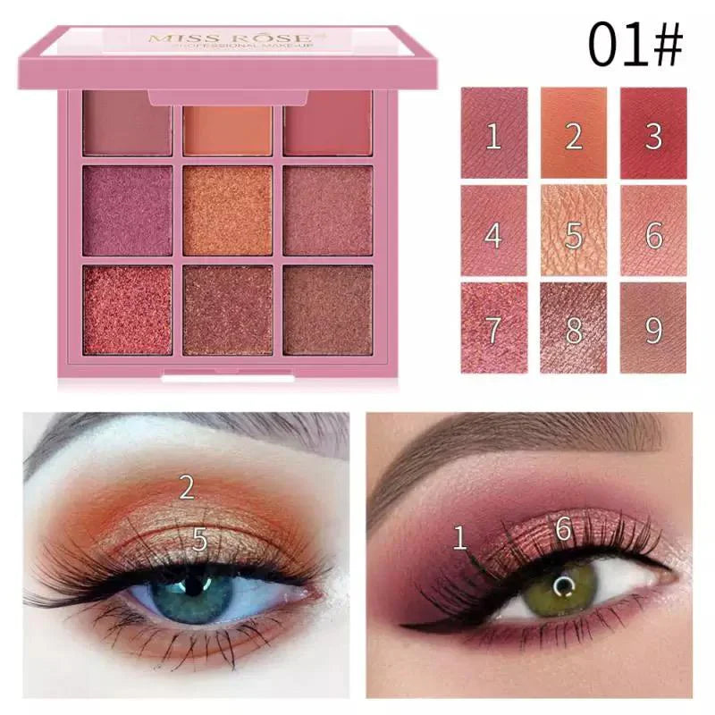 MISS ROSE Pearlescent Powder Matte Eyeshadow Palette - 9 Colors Miss Rose