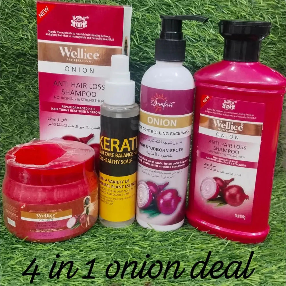 Onion 4-in-1 Hair and Skin Care Deal – Shampoo, Hair Mask, Face Wash Cosmia.pk