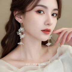 Korean Layered White Flower Dangle Earrings - Each Cosmia.pk