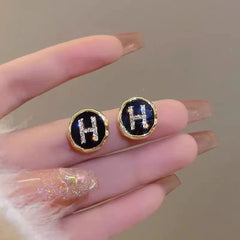 Korean Letter H Rhinestone Stud Earrings - Each Cosmia.pk