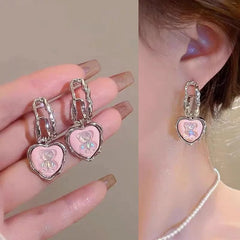 Pink Bear Heart Silver Needle Earrings - Each Cosmia.pk