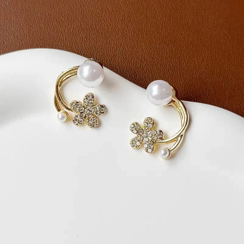 Gold Floral Pearl Crystal Stud Earrings - Each Cosmia.pk