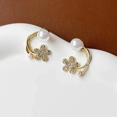 Gold Floral Pearl Crystal Stud Earrings - Each Cosmia.pk