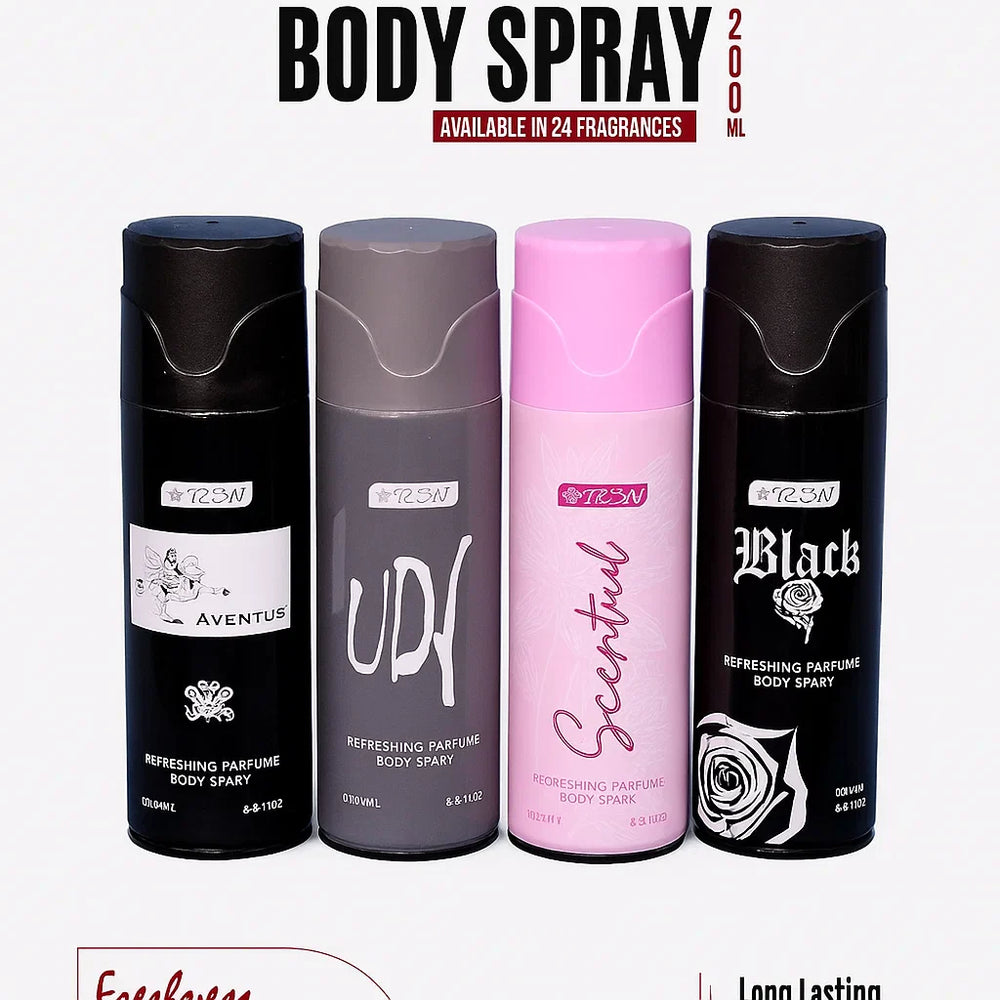 TEZN Body Spray - 4 Pcs - Each 200ml Aventus, Lady, Scentual, and Black. TEZN