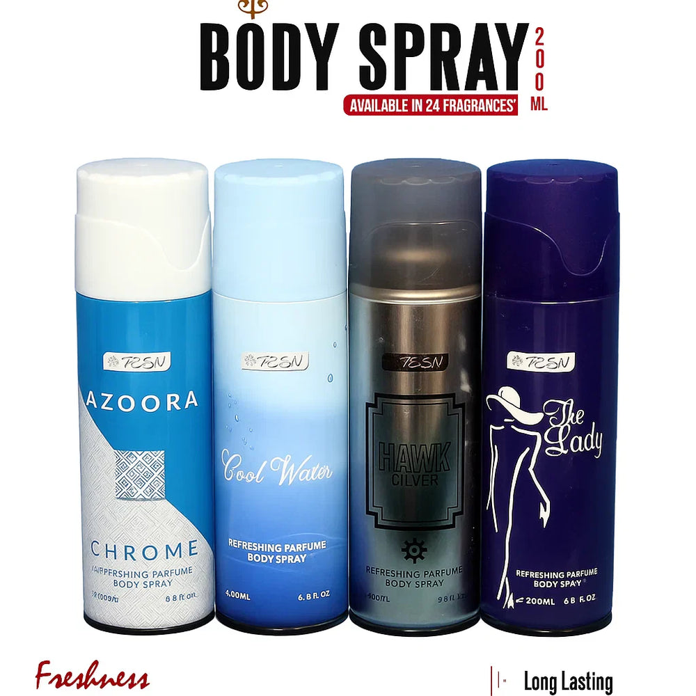 TEZN Body Spray – 4 Pcs Set - Azoora Chrome, Cool Water, Hawk Silver and The Lady TEZN