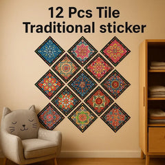 Traditional Mandala Tile Wall Stickers - 12Pcs Cosmia.pk