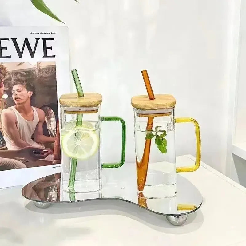 Modern Square Borosilicate Glass Cups with Colored Handles -400ml Cosmia.pk