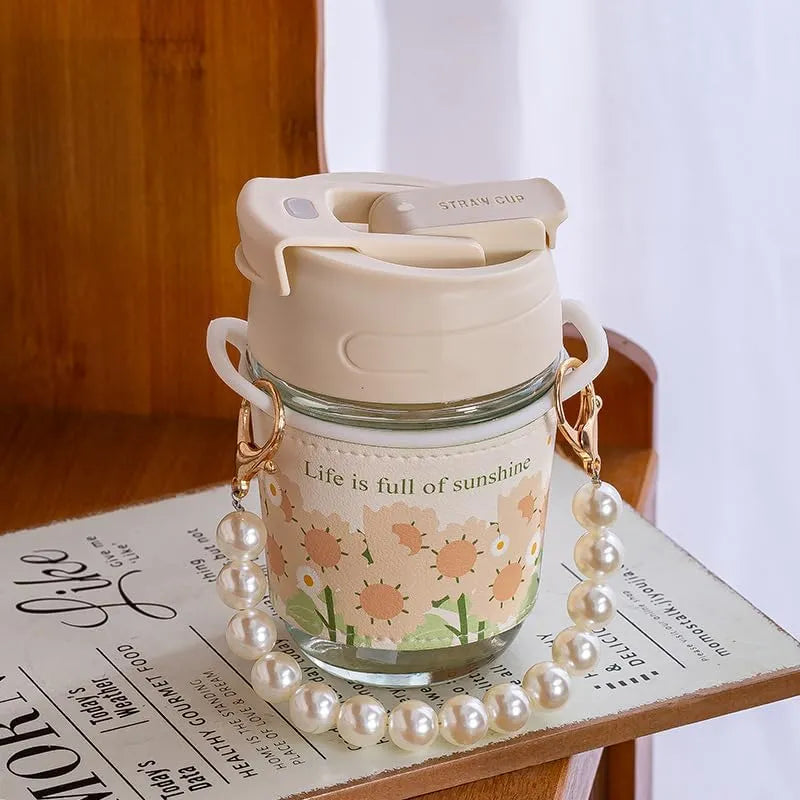 Cute Sunflower Glass Water Bottle with Detachable Pearl Chain - Each Cosmia.pk