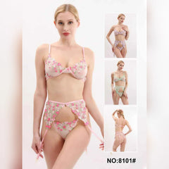 Floral Embroidered Sheer Lingerie Set with Garter Belt – Style 8101 Cosmia.pk