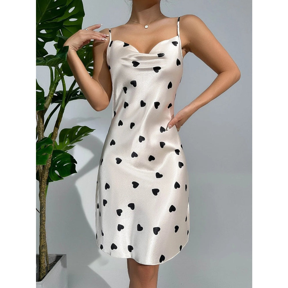 Heart Print Draped Collar Satin Cami Nightdress Cosmia.pk