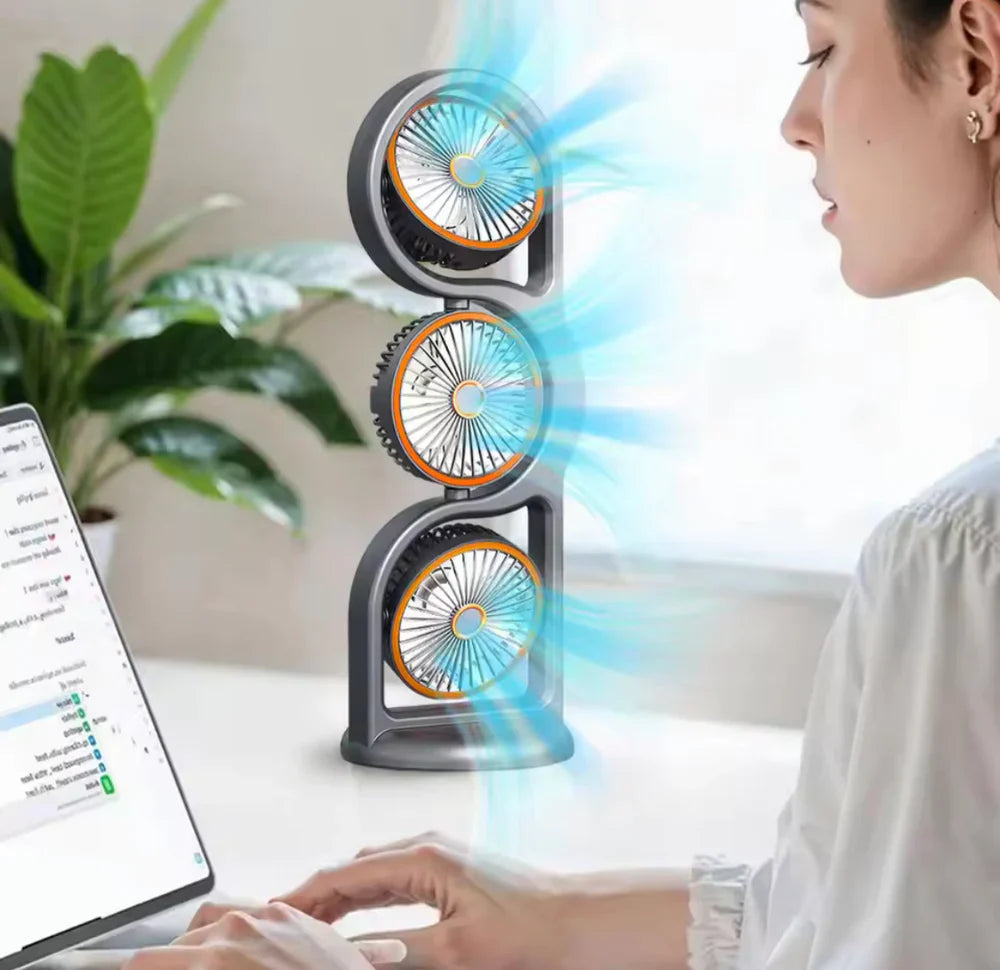 360° Circulation Three Head Table Fan - Rechargeable 5 Speed Wind Cosmia.pk