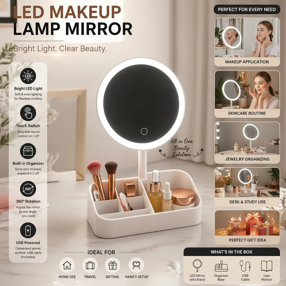 LED Makeup Lamp Mirror with Built-in Organizer Base – Each Cosmia.pk