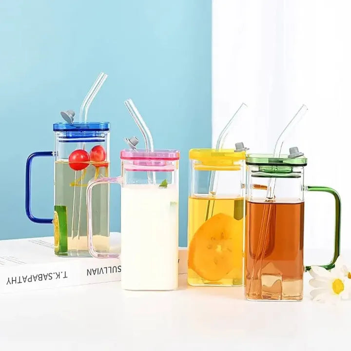 Square Glass Cups with Lids and Straws Cosmia.pk