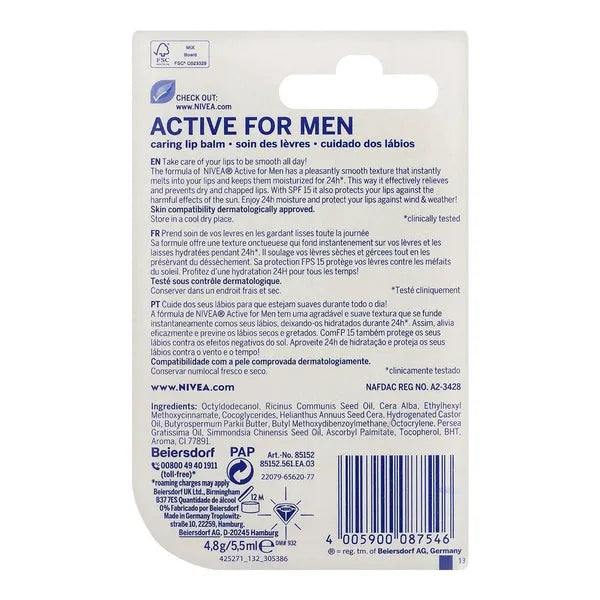 Nivea Lips Balm Active For Men Spf15 - 4.8g Nivea