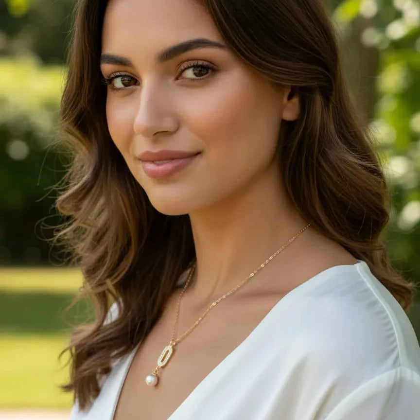 Stainless Steel Golden Chain With White Pearl Cosmia