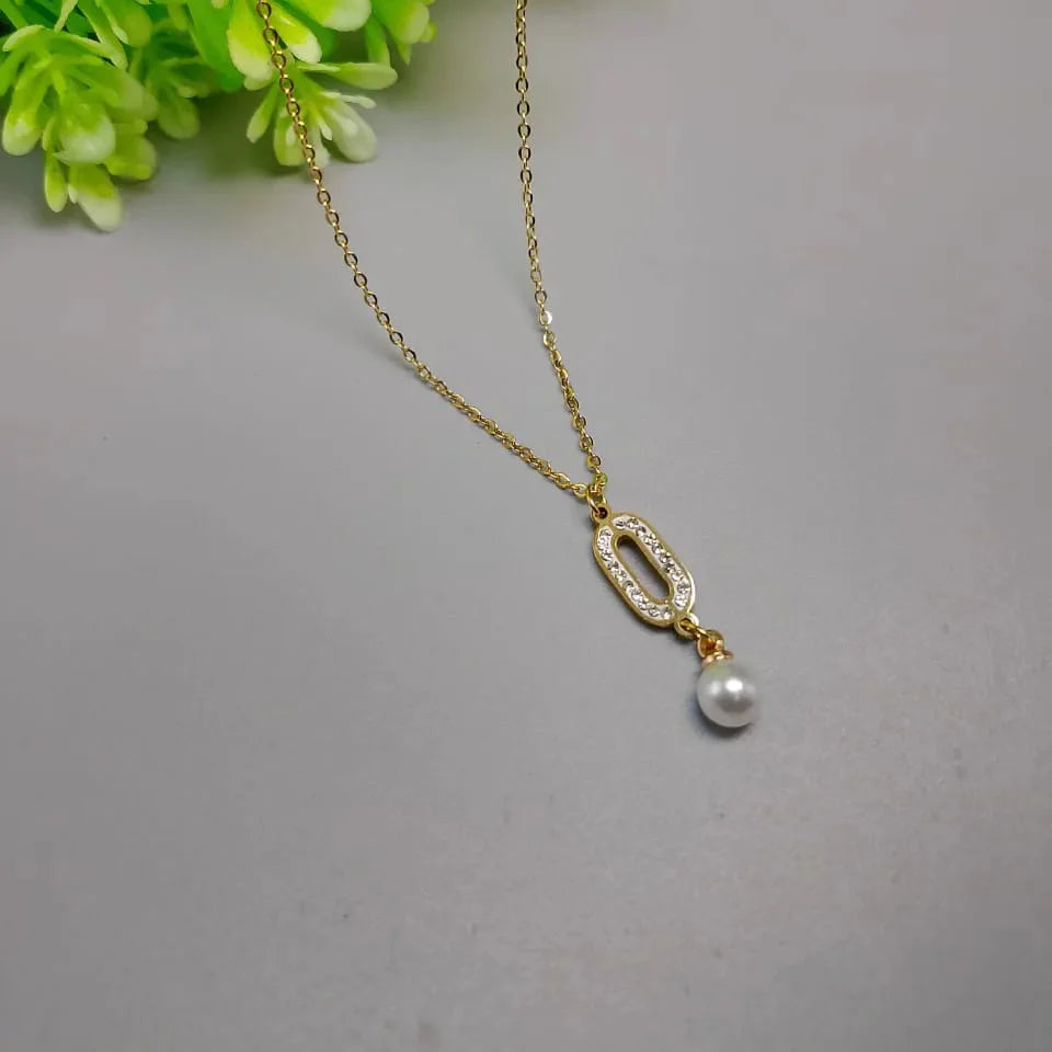 Stainless Steel Golden Chain With White Pearl Cosmia
