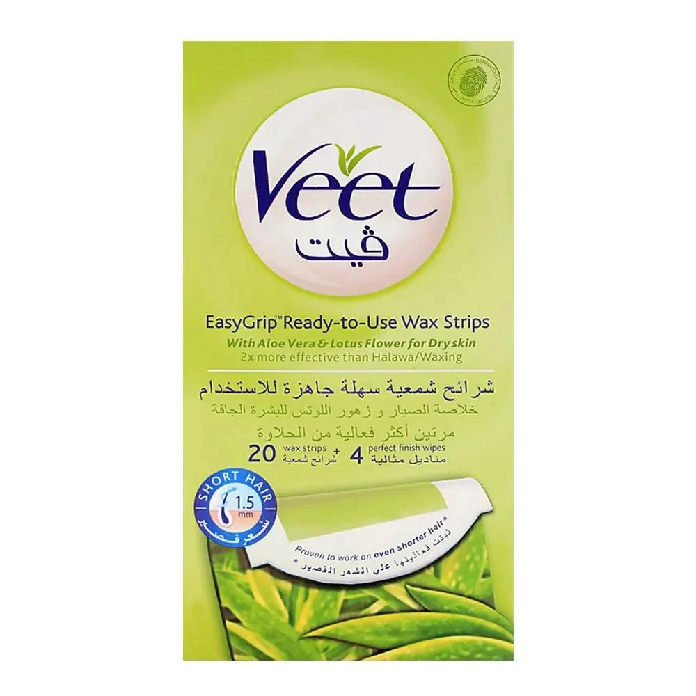 Veet EasyGrip Ready-to-Use ( 20 Wax Strips ) With Aloe Vera & Lotus For Dry Skin Veet