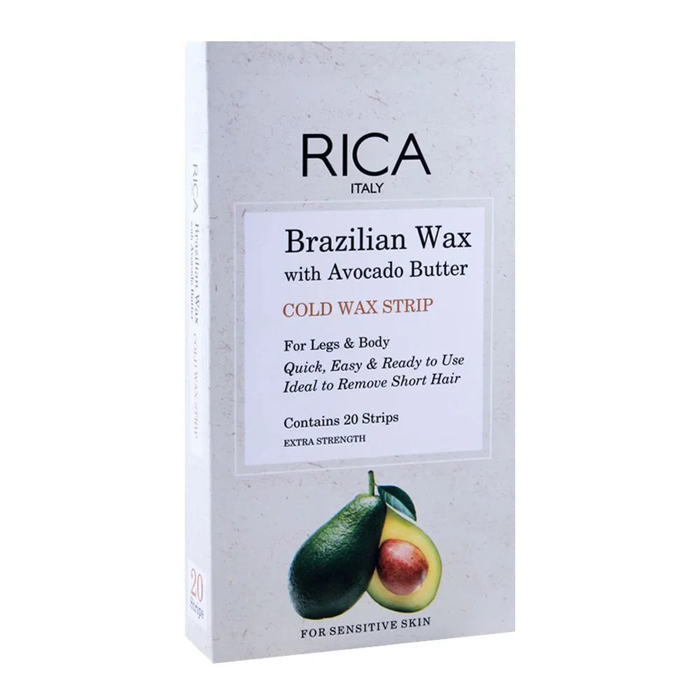 Rica Brazilian Wax, With Avocado Butter, Legs & Body Cold Wax Strip, 20-Pack, For Sensitive Skin rica