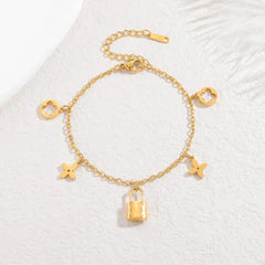 Stainless Steel Lock Charm Bracelet with Clover & Flower Design Cosmia