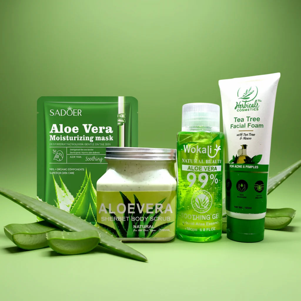 Alovera Deal 4 in 1 Sheet Mask - Scrub - Alovera Gel - FaceWash Cosmia.pk