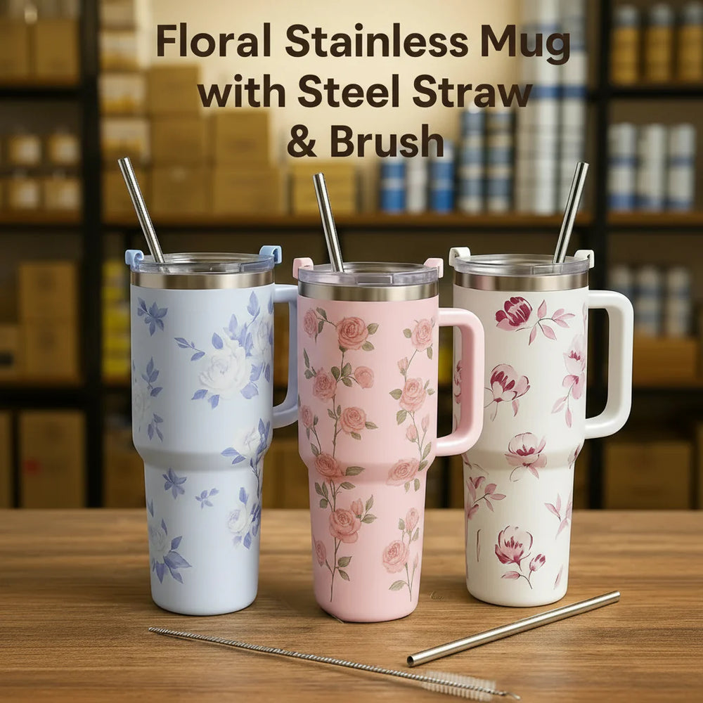 Floral stainless mugs with steel straws and a cleaning brush - 1200ml Cosmia.pk