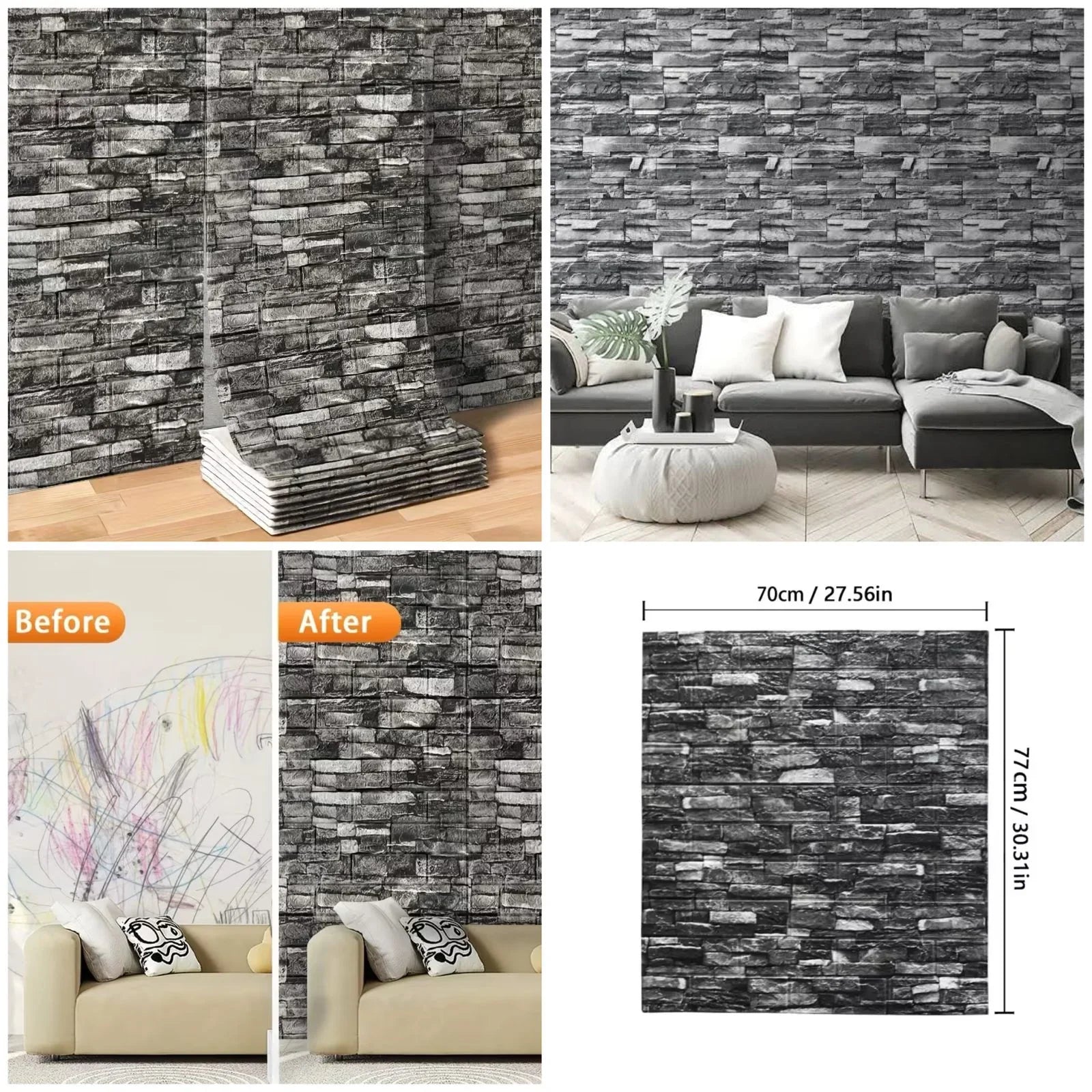 70cm x 77cm - Grey Brick Wallpaper Peel and Stick Wallpaper Cosmia.pk