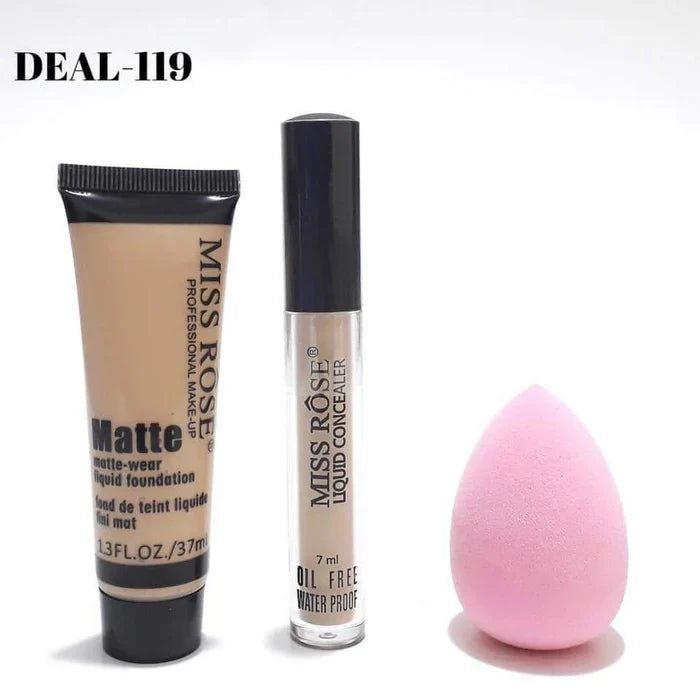 MISS ROSE Concealer , Matte Foundation And Blender - 3 Pcs Set Miss Rose