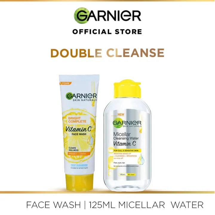 Garnier Skin Active Bright Complete Face Wash 100ml + Vitamin C Micellar Makeup Cleansing Water 125 ml Garnier