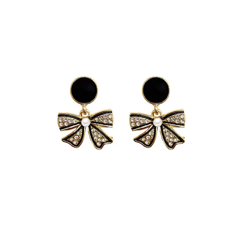 Rhinestone Bow Black Round Stud Cosmia