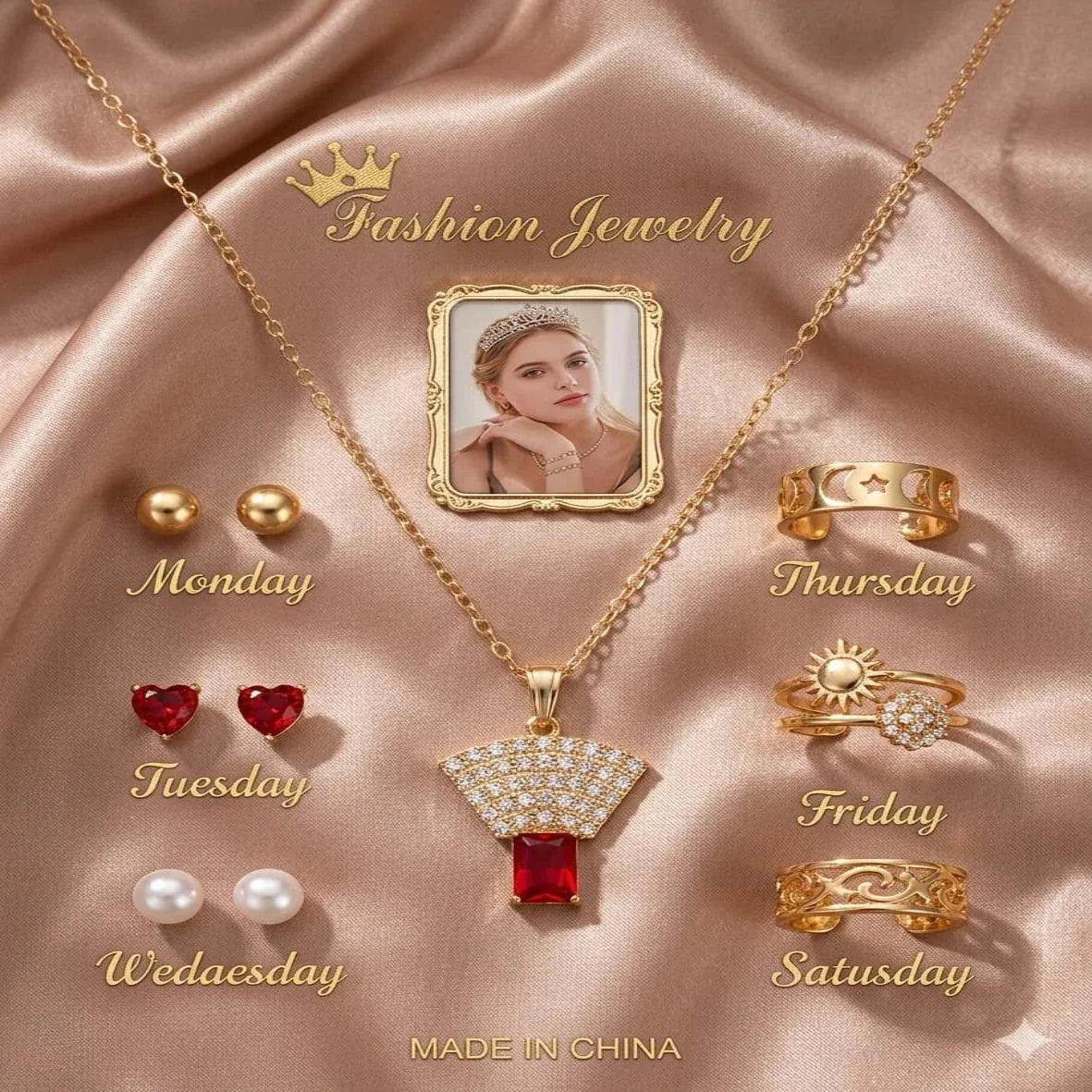 Seven Days of the Week jewelry gift set with necklace and matching Fashion