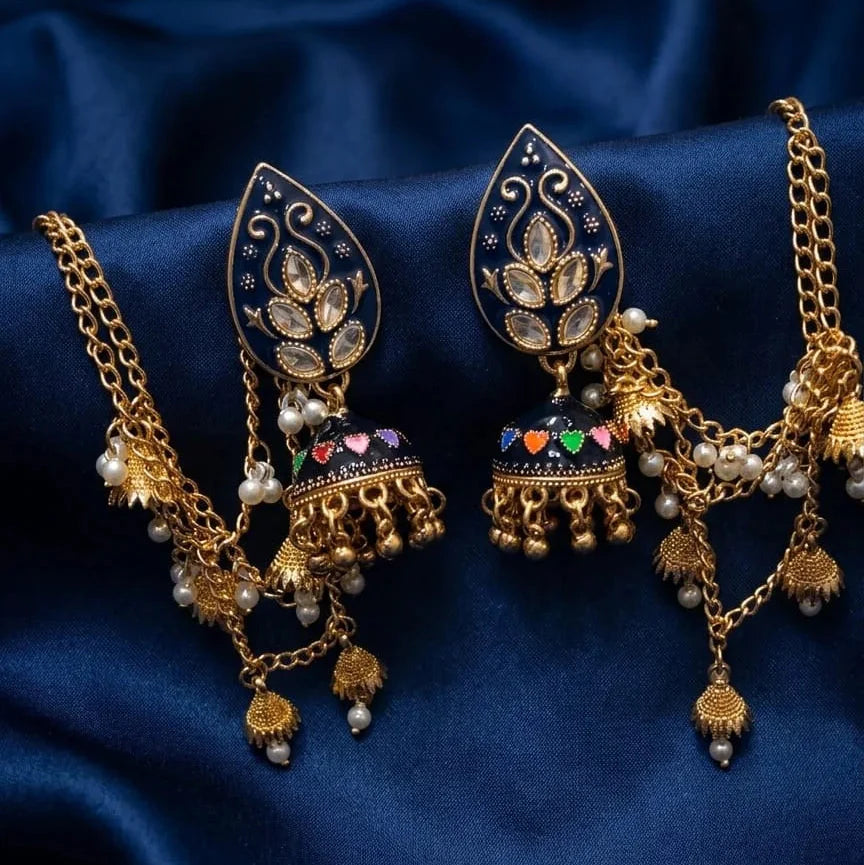 Jhumka earrings with Kundan stones and Sahary Cosmia.pk