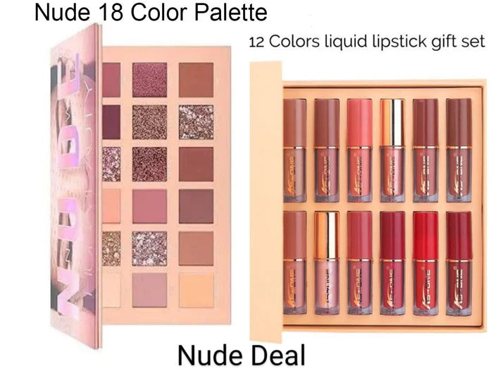 2 In 1 Nude Deal 12 Pcs Matte Lipgloss Set + Nude Palette 18 Colors Cosmia.pk