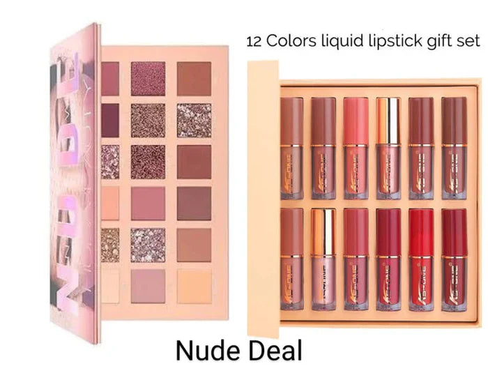 2 In 1 Nude Deal 12 Pcs Matte Lipgloss Set + Nude Palette 18 Colors Cosmia.pk